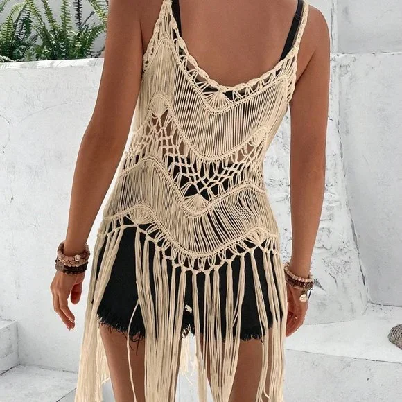 Apricot Boho Womens Hollow Out Fringe Hem Crochet Cover Up - Picture 2 of 5